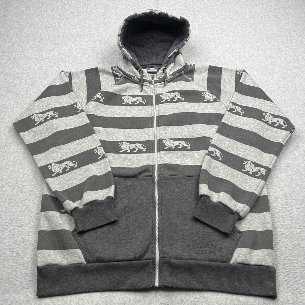 VTG Lonsdale London Zip Up Hoodie Men's Large Gray Striped 00s Punk Y2K Sweats